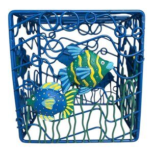 Vtg 1990s Handpainted Metal Fish Wire Basket – 6x6 Ocean Theme Coastal Decor